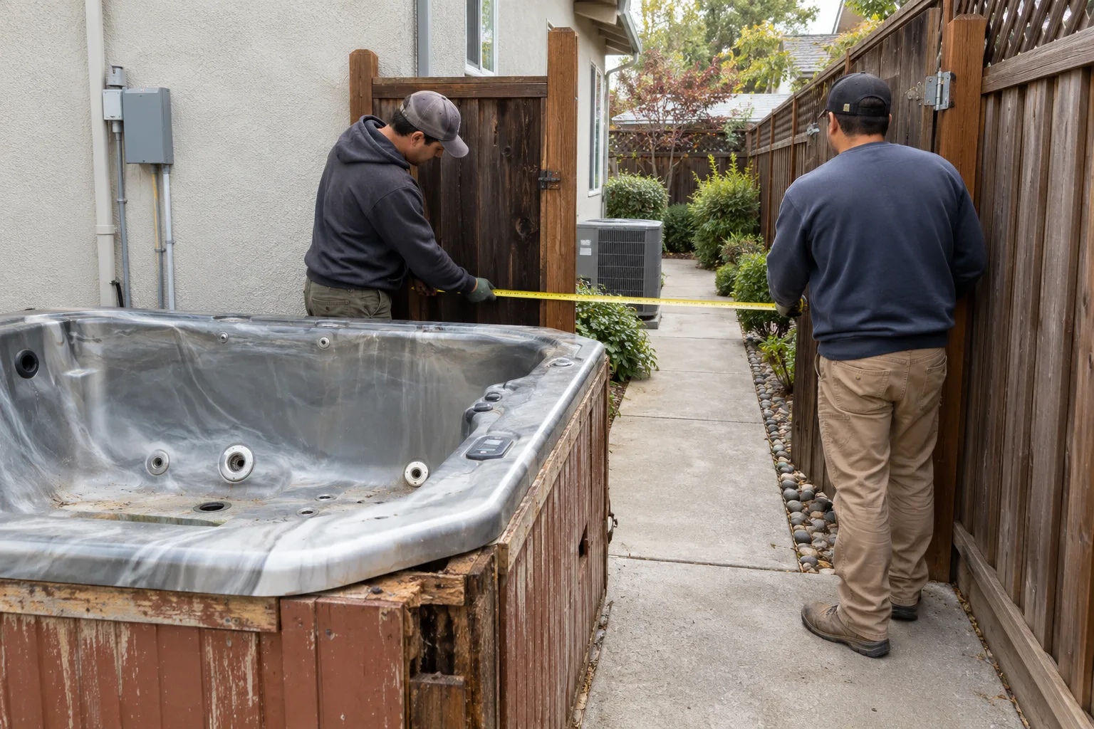 Workers measuring a side gate beside a drained hot tub